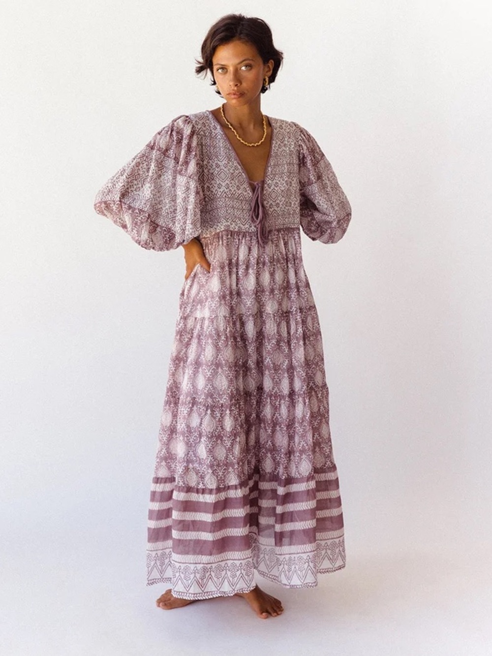 DAUGHTERS OF INDIA jasmine maxi dress lavender block print boho cotton size XL